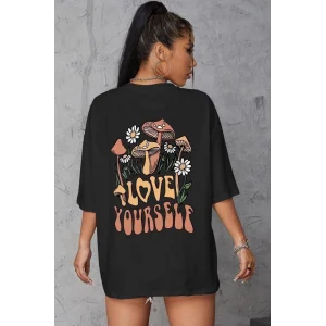 Kadın Baskılı Oversize T-Shirt - Siyah