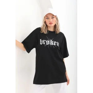 Kadın Baskılı Oversize T-Shirt - Siyah
