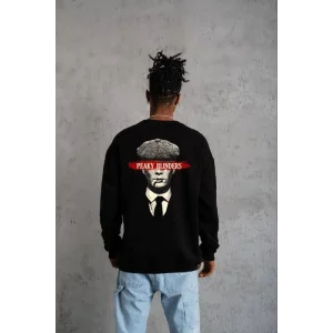 ERKEK Bisiklet Yaka Baskılı Oversize Sweatshirt - Siyah