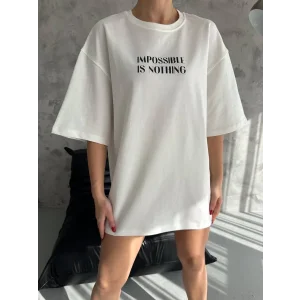 kadın  Bisiklet Yaka Baskılı Oversize T-Shirt - Beyaz