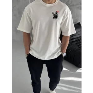 Erkek  Bisiklet Yaka Baskılı Oversize T-Shirt - Beyaz