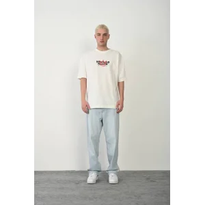 Erkek  Bisiklet Yaka Baskılı Oversize T-Shirt - Beyaz