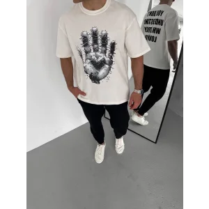 Erkek Bisiklet Yaka Baskılı Oversize T-Shirt - Beyaz