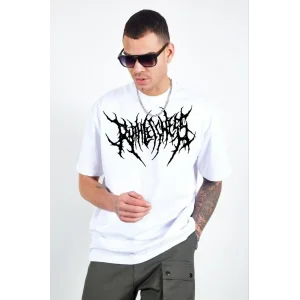 ERKEK Bisiklet Yaka Baskılı Oversize T-Shirt - Beyaz