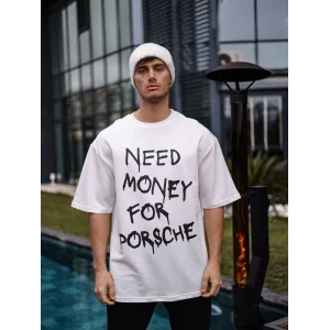 ERKEK Bisiklet Yaka Baskılı Oversize T-Shirt - Beyaz