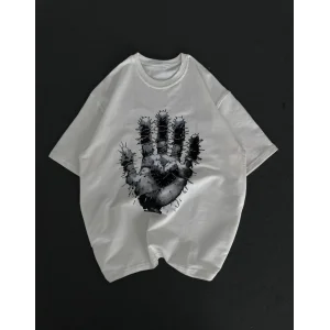 kadın Bisiklet Yaka Baskılı Oversize T-Shirt - Beyaz