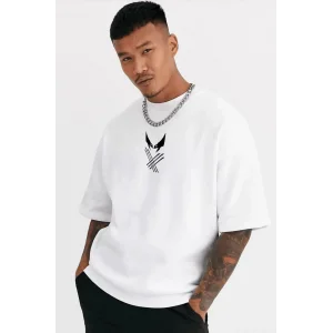 ERKEK Bisiklet Yaka Baskılı Oversize T-Shirt - Beyaz