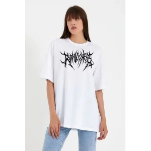 kadın Bisiklet Yaka Baskılı Oversize T-Shirt - Beyaz