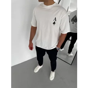 Erkek  Bisiklet Yaka Baskılı Oversize T-Shirt - Beyaz