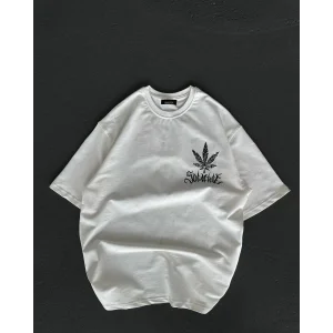 kadın Bisiklet Yaka Baskılı Oversize T-Shirt - Beyaz