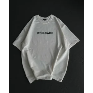 kadın Bisiklet Yaka Baskılı Oversize T-Shirt - Beyaz