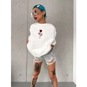 kadın Bisiklet Yaka Baskılı Oversize T-Shirt - Beyaz