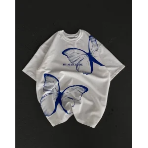 kadın  Bisiklet Yaka Baskılı Oversize T-Shirt - Beyaz