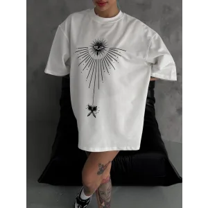kadın Bisiklet Yaka Baskılı Oversize T-Shirt - Beyaz