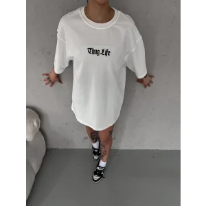 kadın  Bisiklet Yaka Baskılı Oversize T-Shirt - Beyaz