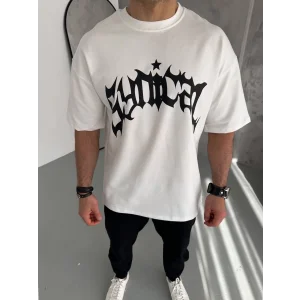 ERKEK Bisiklet Yaka Baskılı Oversize T-Shirt - Beyaz