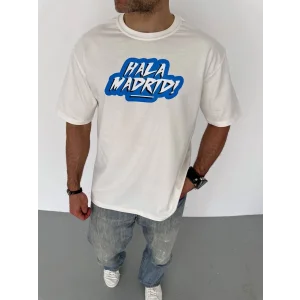 Erkek  Bisiklet Yaka Baskılı Oversize T-Shirt - Beyaz