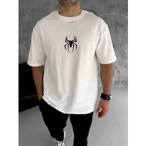 ERKEK Bisiklet Yaka Örümcek Baskılı Oversize T-Shirt - Beyaz