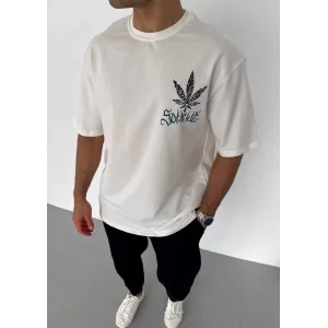 Erkek  Bisiklet Yaka Baskılı Oversize T-Shirt - Beyaz