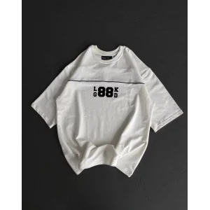 kadın  Bisiklet Yaka Baskılı Oversize T-Shirt - Beyaz