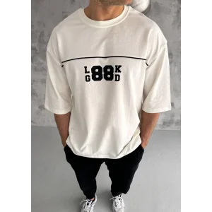 ERKEK Bisiklet Yaka Baskılı Oversize T-Shirt - Beyaz