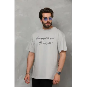 Erkek  Bisiklet Yaka Baskılı Oversize T-Shirt - Gri