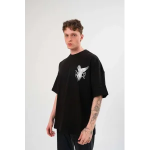 Erkek Bisiklet Yaka Baskılı Oversize T-Shirt - Siyah
