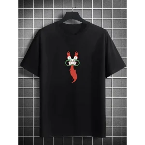 Unisex Bisiklet Yaka Baskılı Oversize T-Shirt - Siyah