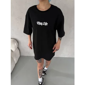 kadın Bisiklet Yaka Baskılı Oversize T-Shirt - Siyah
