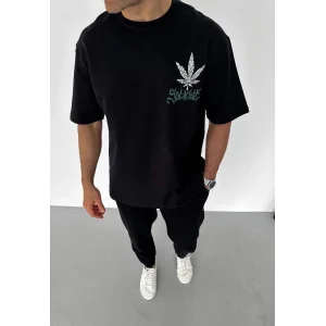 ERKEK Bisiklet Yaka Baskılı Oversize T-Shirt - Siyah