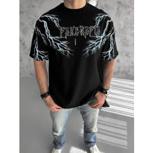 ERKEK Bisiklet Yaka Baskılı Oversize T-Shirt - Siyah