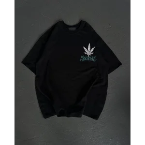 kadın  Bisiklet Yaka Baskılı Oversize T-Shirt - Siyah