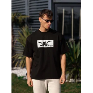 Erkek Bisiklet Yaka Baskılı Oversize T-Shirt - Siyah