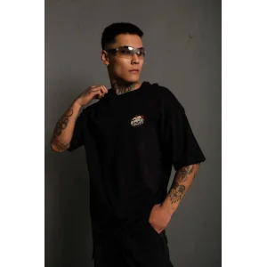 ERKEK Bisiklet Yaka Baskılı Oversize T-Shirt - Siyah