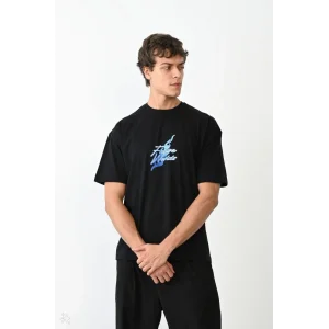 ERKEK Bisiklet Yaka Baskılı Oversize T-Shirt - Siyah