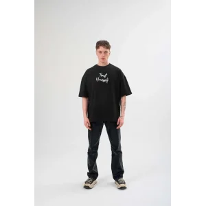 Erkek Bisiklet Yaka Baskılı Oversize T-Shirt - Siyah