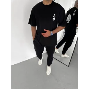 Erkek Bisiklet Yaka Baskılı Oversize T-Shirt - Siyah