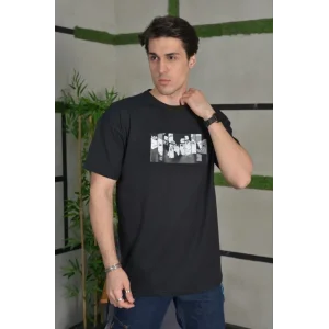 ERKEK Bisiklet Yaka Baskılı Oversize T-Shirt - Siyah