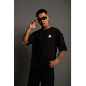 Erkek  Bisiklet Yaka Baskılı Oversize T-Shirt - Siyah