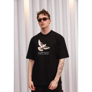 ERKEK Bisiklet Yaka Baskılı Oversize T-Shirt - Siyah