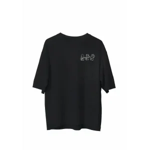 Erkek  Bisiklet Yaka Baskılı Oversize T-Shirt - Siyah