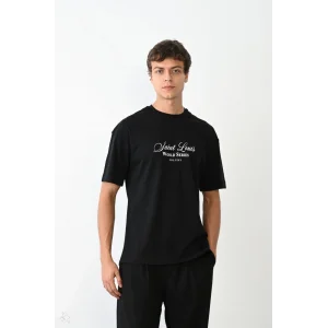 ERKEK Bisiklet Yaka Baskılı Oversize T-Shirt - Siyah