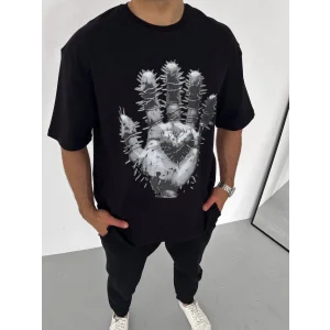 ERKEK Bisiklet Yaka Baskılı Oversize T-Shirt - Siyah