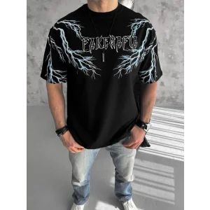 ERKEK Bisiklet Yaka Yıldırım Baskılı Oversize T-Shirt-Siyah