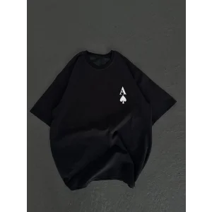 kadın Bisiklet Yaka Baskılı Oversize T-Shirt - Siyah