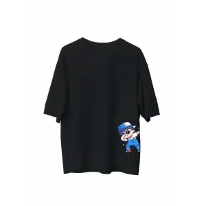Erkek Bisiklet Yaka Baskılı Oversize T-Shirt - Siyah