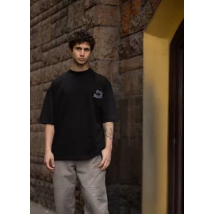 Erkek Bisiklet Yaka Baskılı Oversize T-Shirt - Siyah