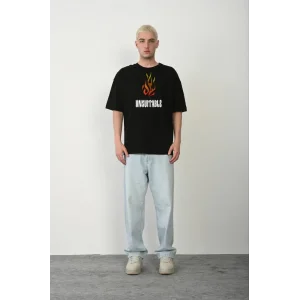 ERKEK Bisiklet Yaka Baskılı Oversize T-Shirt - Siyah