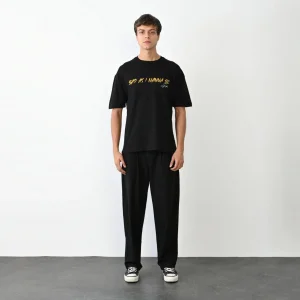 ERKEK Bisiklet Yaka Baskılı Oversize T-Shirt - Siyah