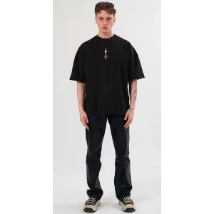 Erkek  Bisiklet Yaka Baskılı Oversize T-Shirt - Siyah